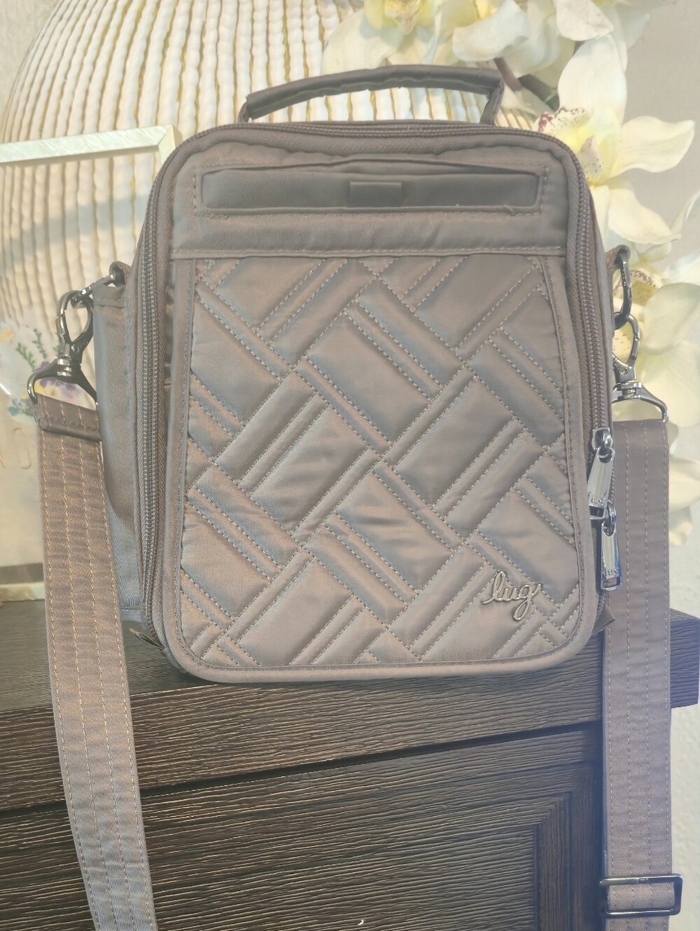Lug Quilted Crossbody Bag Taupe Gray Nylon Multi-Compartment Shoulder Purse